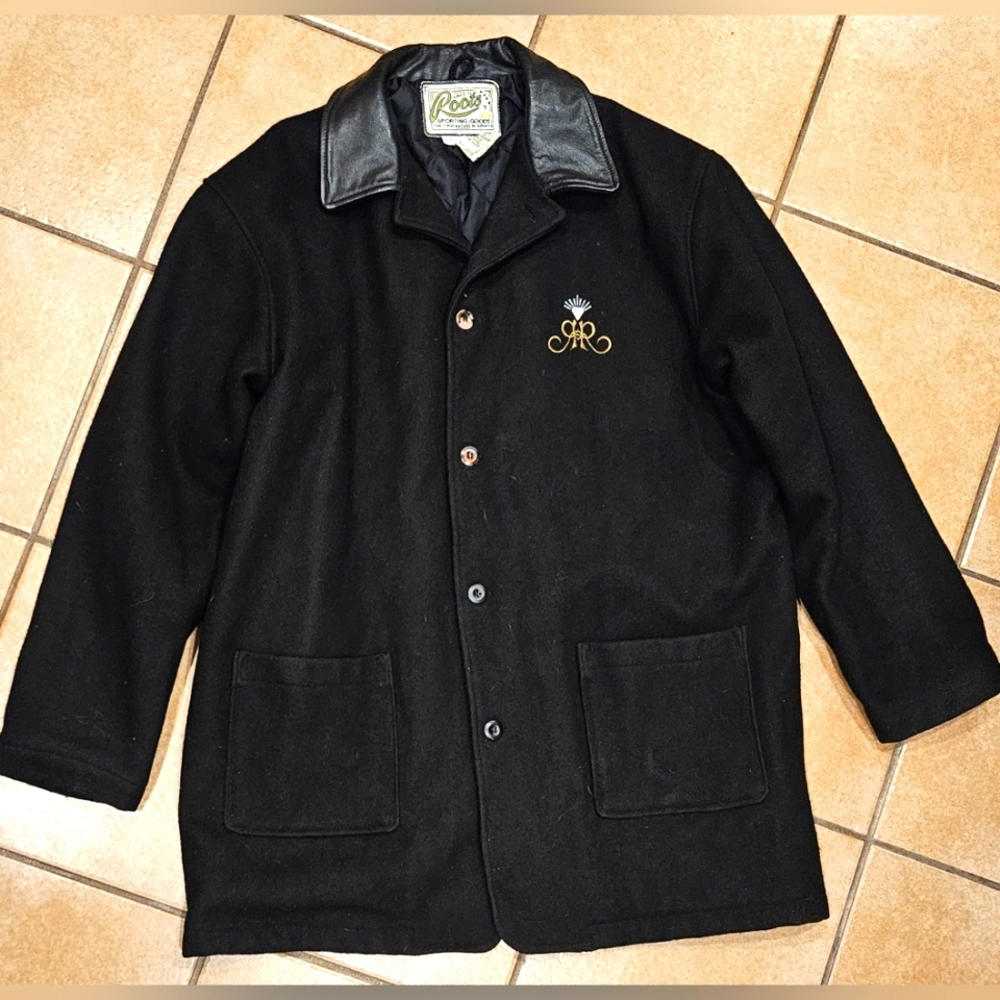 Vtg Roots Richie Rich Wool Coat Movie Cast Crew Leather Collar Mens XL Tall